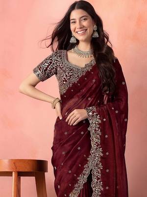 Maroon embellished embroidered tissue saree 4