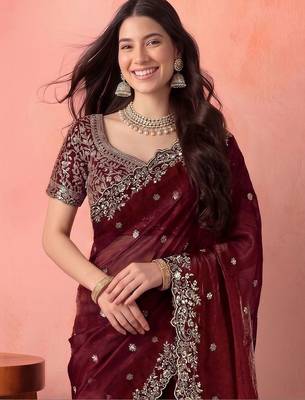Maroon embellished embroidered tissue saree 5