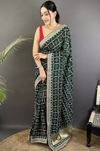 Green bandhani sequinned silk blend designer bandhani saree