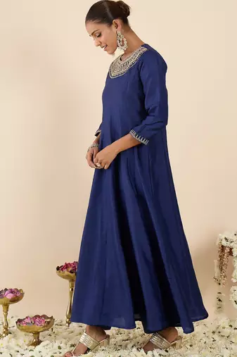 Blue embroidered silk kurta trouser set