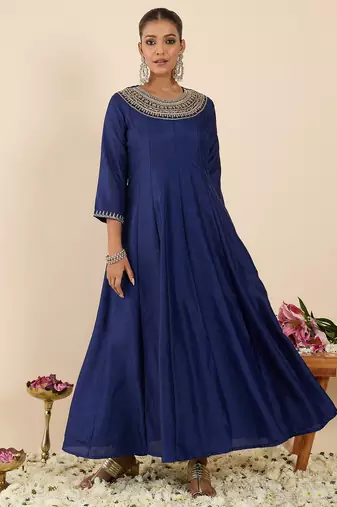 Blue embroidered silk kurta trouser set