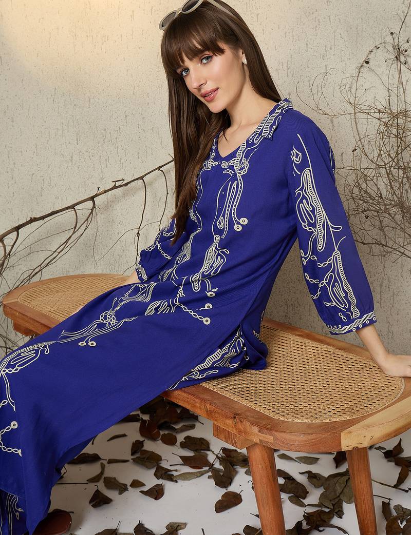 Blue printed viscose rayon kurta trouser set