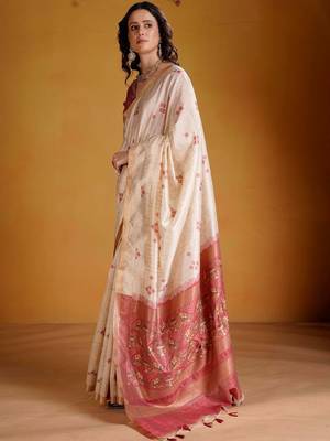 Off white woven design zari art silk designer banarasi saree 1