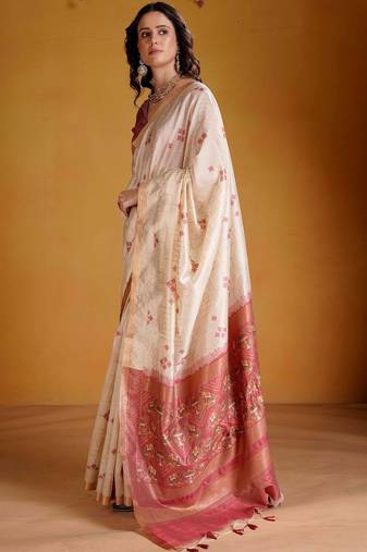 Off white woven design zari art silk designer banarasi saree