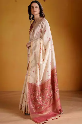 Off white woven design zari art silk designer banarasi saree