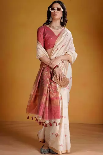 Off white woven design zari art silk designer banarasi saree