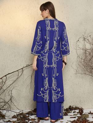 Blue printed viscose rayon kurta trouser set 2