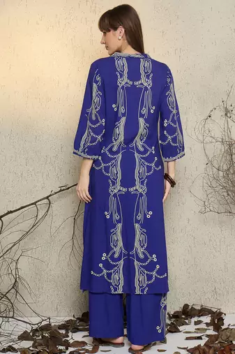 Blue printed viscose rayon kurta trouser set