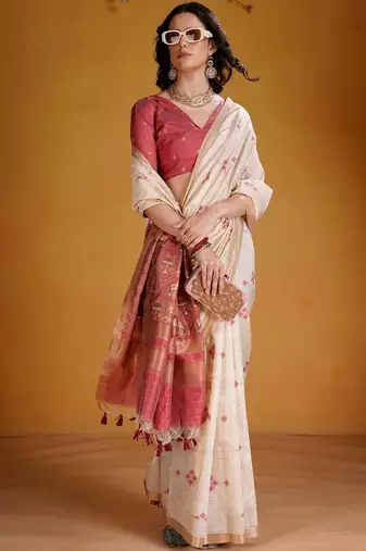 Off white woven design zari art silk designer banarasi saree