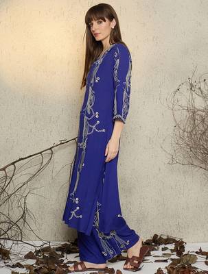 Blue printed viscose rayon kurta trouser set 3
