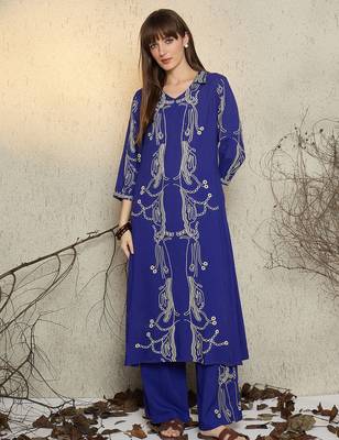 Blue printed viscose rayon kurta trouser set 4