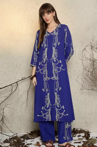 Blue printed viscose rayon kurta trouser set