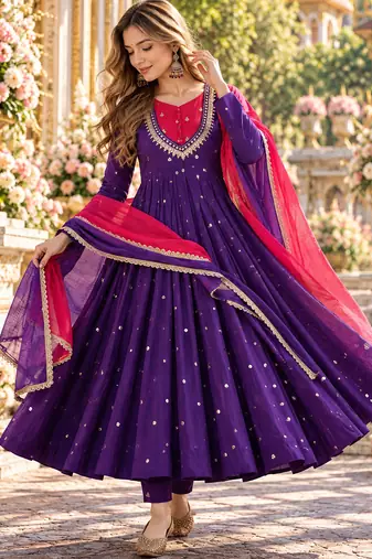 Violet roman silk readymade anarkali suit with embroidery & sequence work