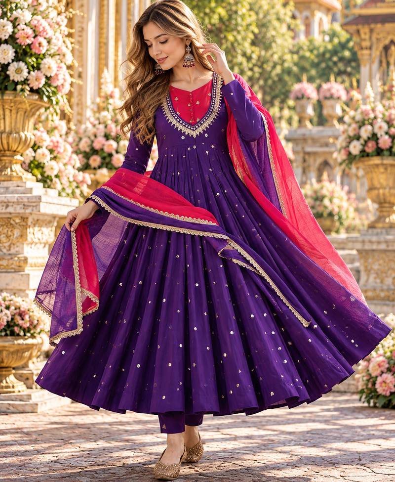 Violet roman silk readymade anarkali suit with embroidery & sequence work