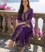 Purple printed viscose rayon kurta trouser set