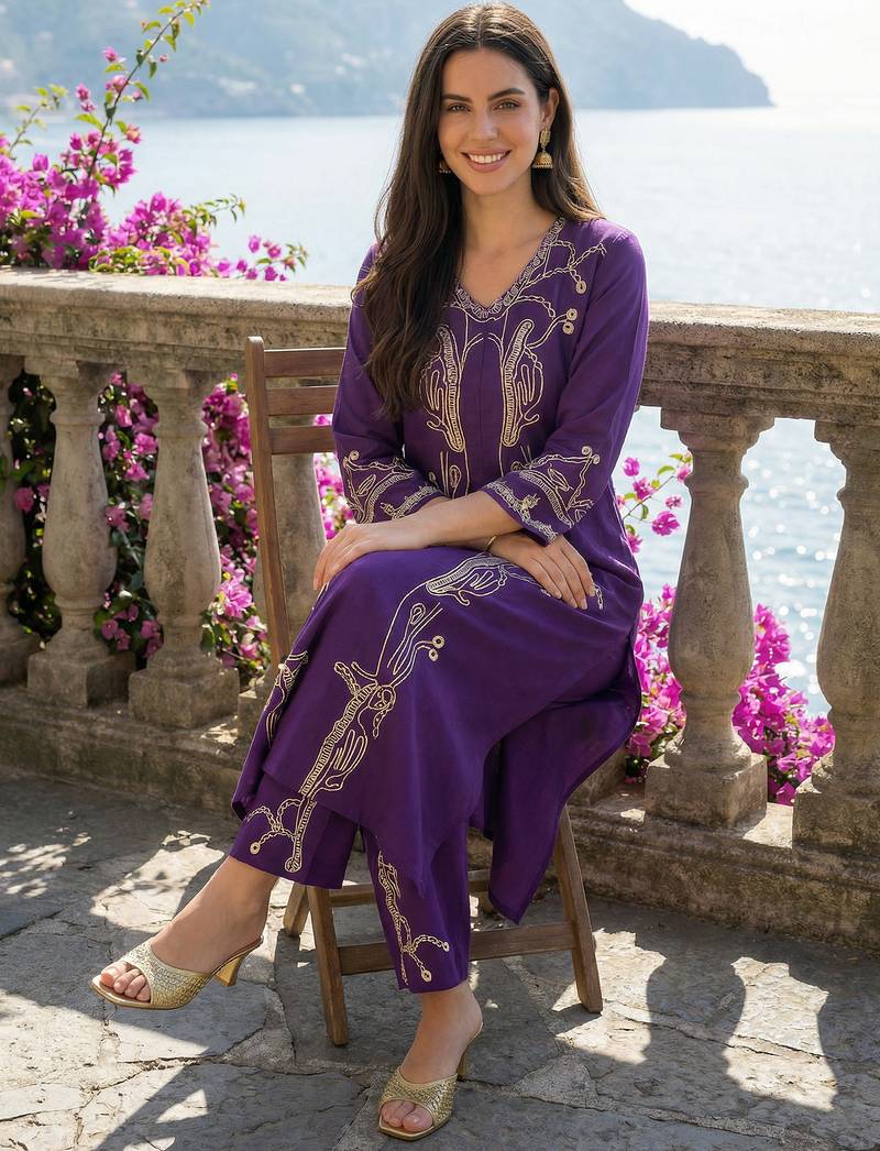 Purple printed viscose rayon kurta trouser set