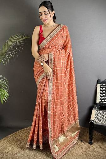 Orange bandhani sequinned silk blend designer bandhani saree