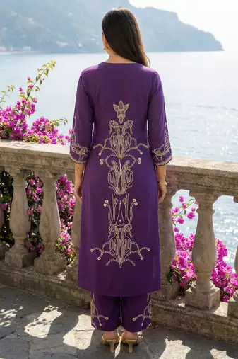 Purple printed viscose rayon kurta trouser set