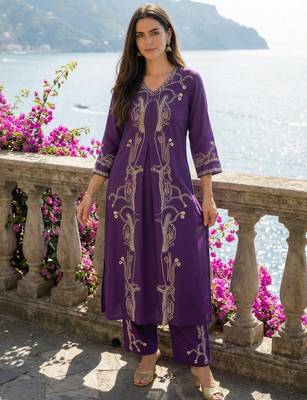 Purple printed viscose rayon kurta trouser set 3