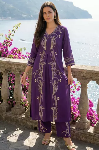 Purple printed viscose rayon kurta trouser set