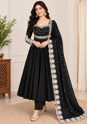 Black roman silk readymade anarkali suit with embroidery & sequence work 1