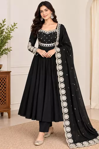 Black roman silk readymade anarkali suit with embroidery & sequence work