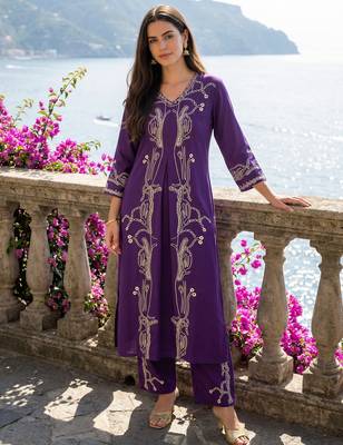 Purple printed viscose rayon kurta trouser set 4
