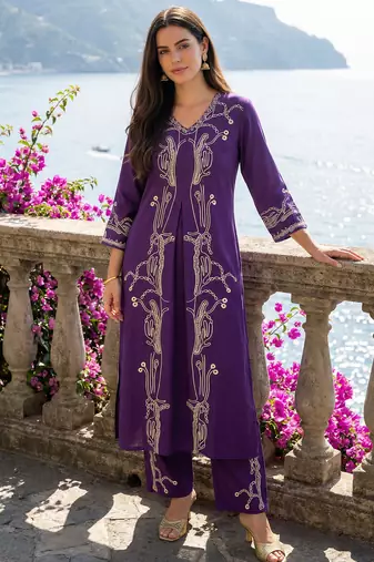 Purple printed viscose rayon kurta trouser set