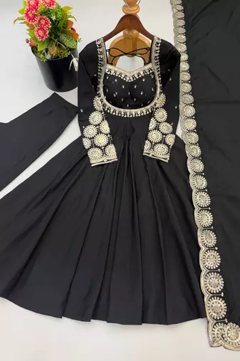 Black roman silk readymade anarkali suit with embroidery & sequence work