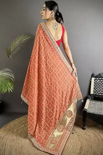 Orange bandhani sequinned silk blend designer bandhani saree