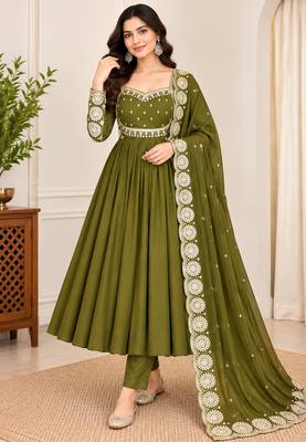D olive roman silk readymade anarkali suit with embroidery & sequence work 1