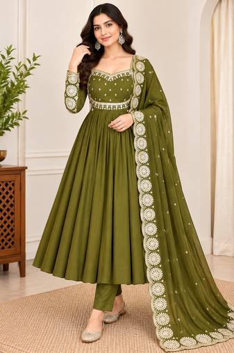 D olive roman silk readymade anarkali suit with embroidery & sequence work