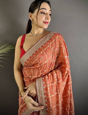 Orange bandhani sequinned silk blend designer bandhani saree 4