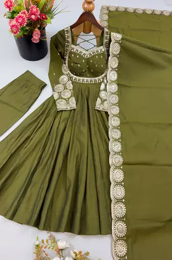 D olive roman silk readymade anarkali suit with embroidery & sequence work