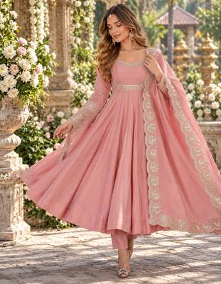 Pink roman silk readymade anarkali suit with embroidery & sequence work 1
