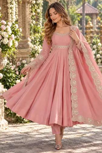 Pink roman silk readymade anarkali suit with embroidery & sequence work