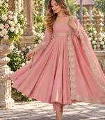 Pink roman silk readymade anarkali suit with embroidery & sequence work