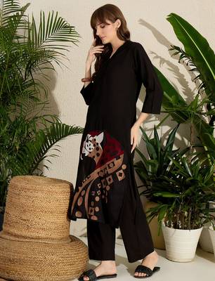 Black printed cotton kurta trouser set 1