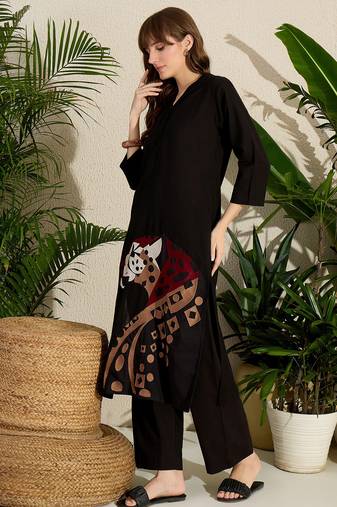 Black printed cotton kurta trouser set