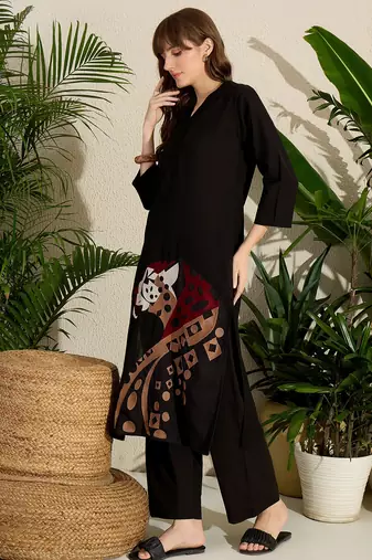 Black printed cotton kurta trouser set