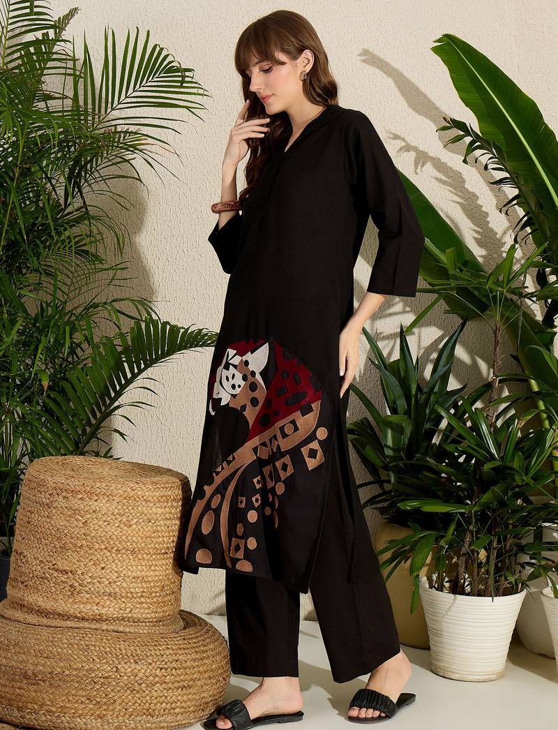 Black printed cotton kurta trouser set