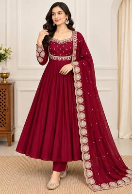 Maroon roman silk readymade anarkali suit with embroidery & sequence work 1