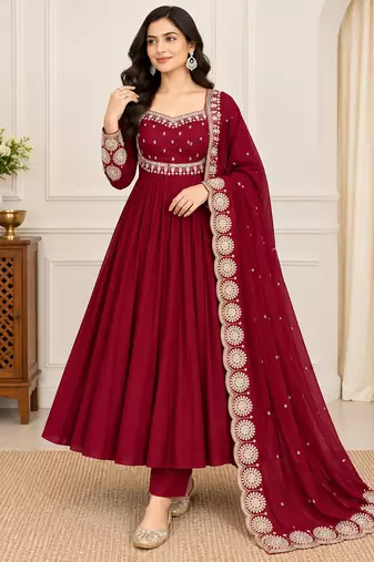 Maroon roman silk readymade anarkali suit with embroidery & sequence work
