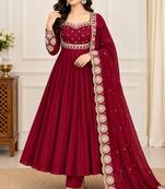 Maroon roman silk readymade anarkali suit with embroidery & sequence work