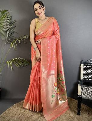 Peach floral zari tissue designer paithani saree 1