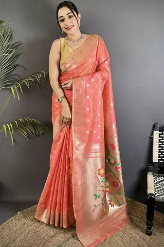 Peach floral zari tissue designer paithani saree