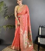 Peach floral zari tissue designer paithani saree