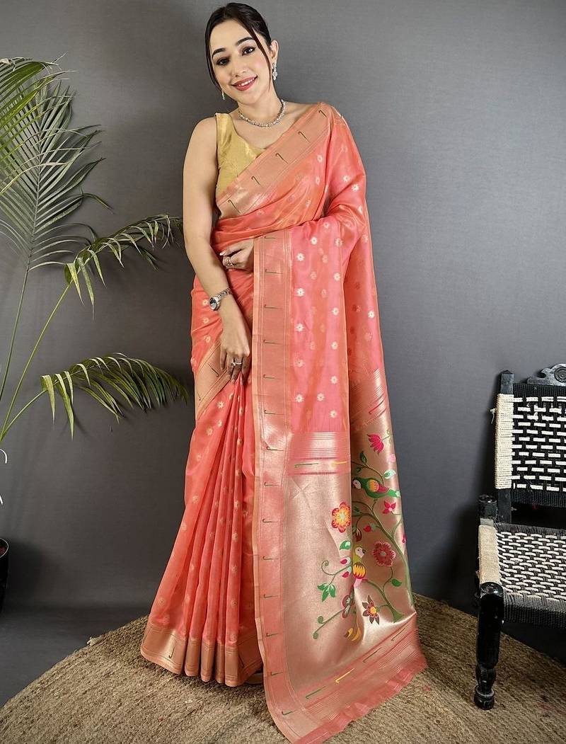 Peach floral zari tissue designer paithani saree