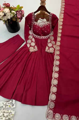 Maroon roman silk readymade anarkali suit with embroidery & sequence work