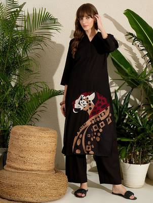 Black printed cotton kurta trouser set 4